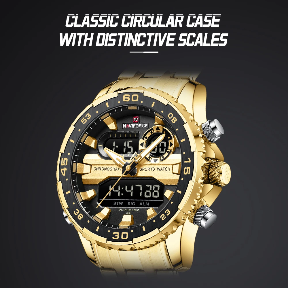 NAVIFORCE Fashion Brand Black Gold Men Watch Fashion Luxury Quartz Wrist Watches Sport Waterproof Stainless Steel Strap NF9234