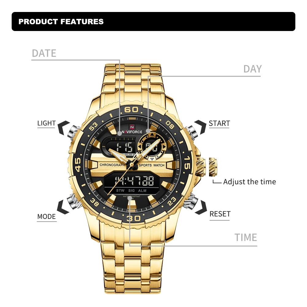 NAVIFORCE Fashion Brand Black Gold Men Watch Fashion Luxury Quartz Wrist Watches Sport Waterproof Stainless Steel Strap NF9234