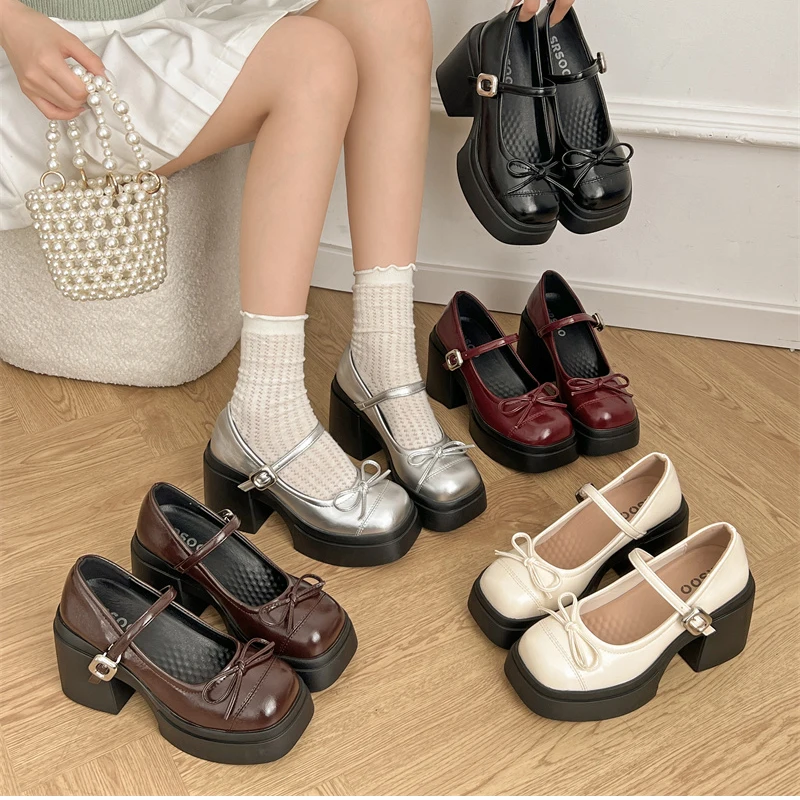 Platform Thick High Women Mary Jane Shoes Ladies Concise Outdoor Pumps Spring Autumn Women's Dress Leather Shoes
