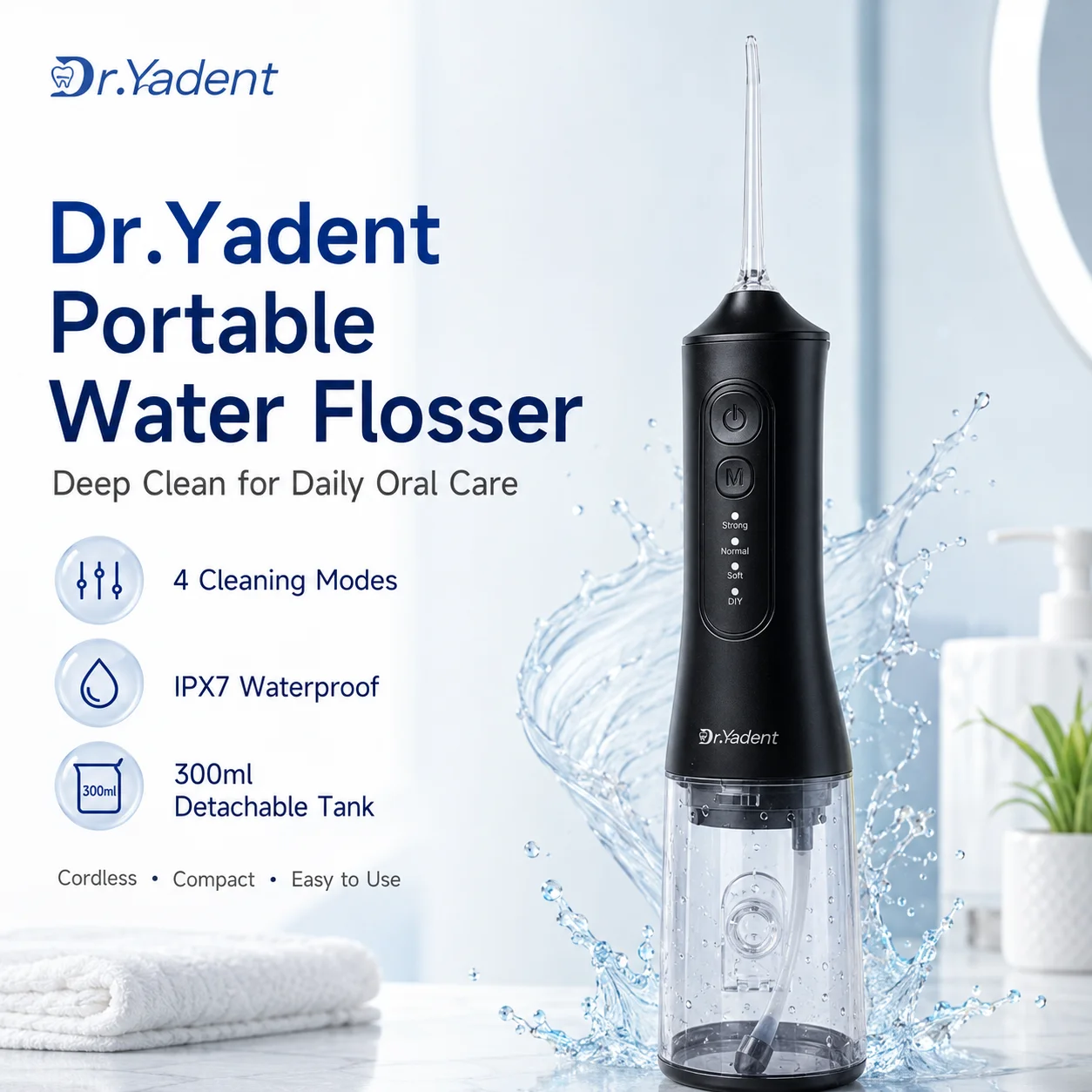 Dr.Yadent YD06 Oral Irrigator Flosser 300ML Large Capacity for Road Trips 4 Modes with DIY Pressure 7 Varies Nozzle Water Jets