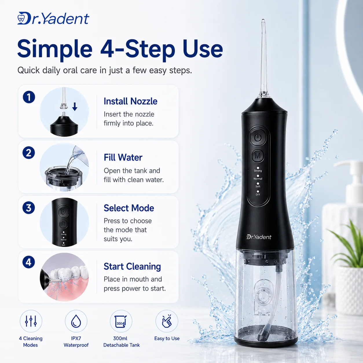 Dr.Yadent YD06 Oral Irrigator Flosser 300ML Large Capacity for Road Trips 4 Modes with DIY Pressure 7 Varies Nozzle Water Jets