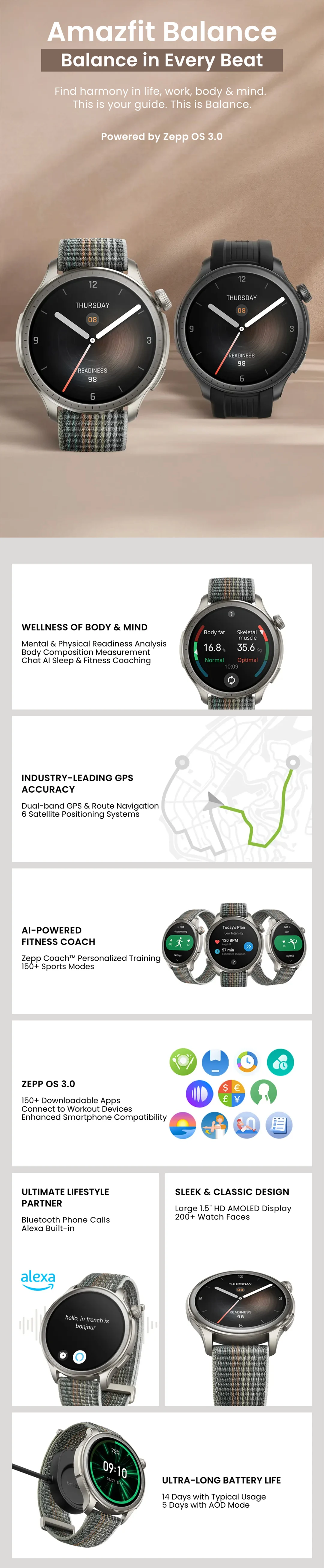 Amazfit Balance 46mm Smart Watch Sleep Coach Dual-Band GPS 150+ Sports Modes Smart Watch Readiness For Android IOS Phone