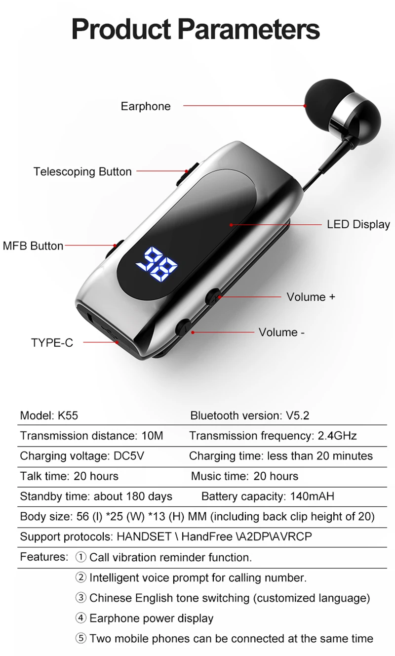 K55 Lavalier Business Bluetooth 5.2 Headphone Talk/Music Time 20 Hours,LED Digital Display,Noice Cancelling Wireless Earphones