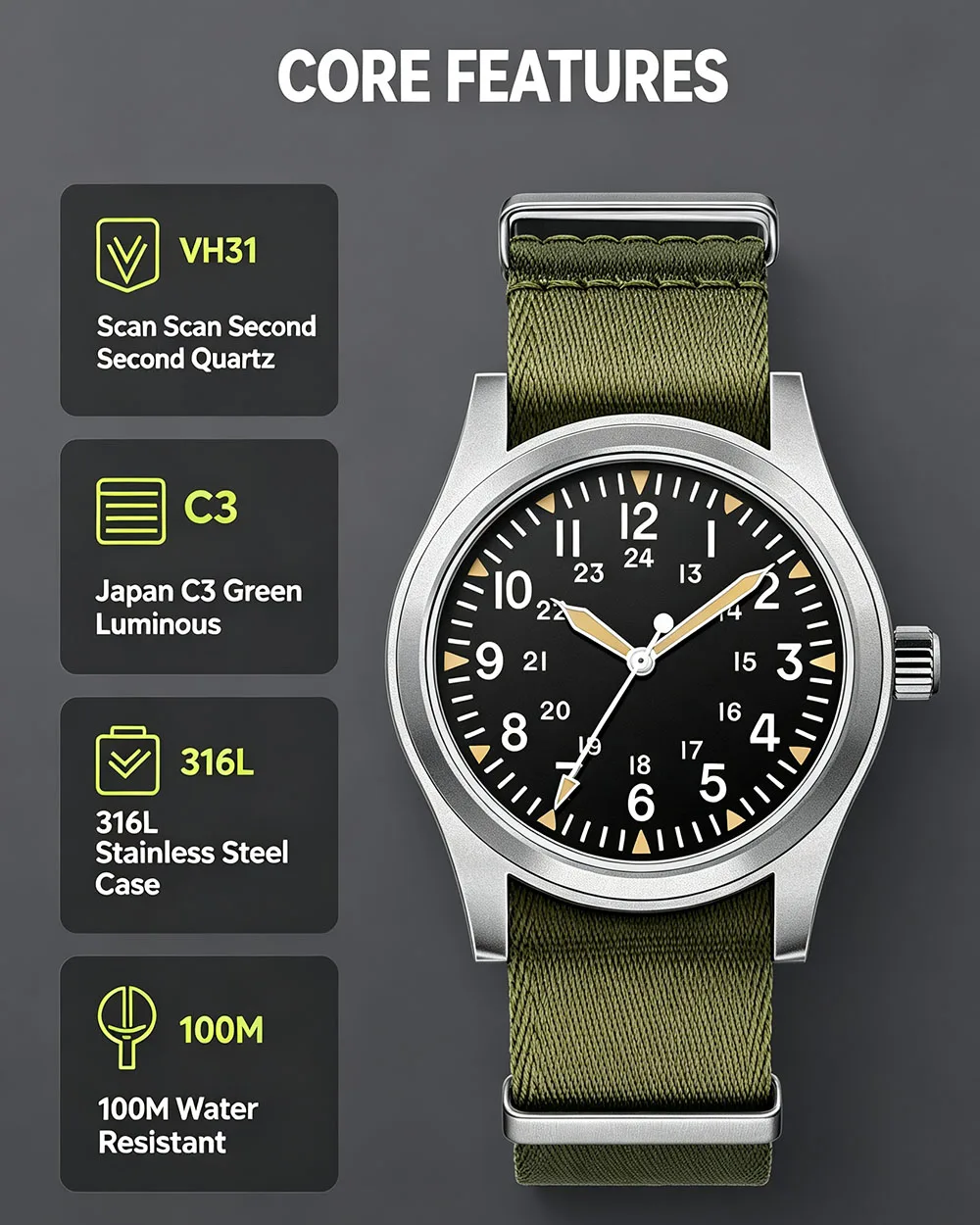 MILITREK 2025 New Military 37mm VH31 Men's Quartz Watch AR Sapphire Stainless Steel Waterproof 10Bar Luminous C3 Reloj Hombre