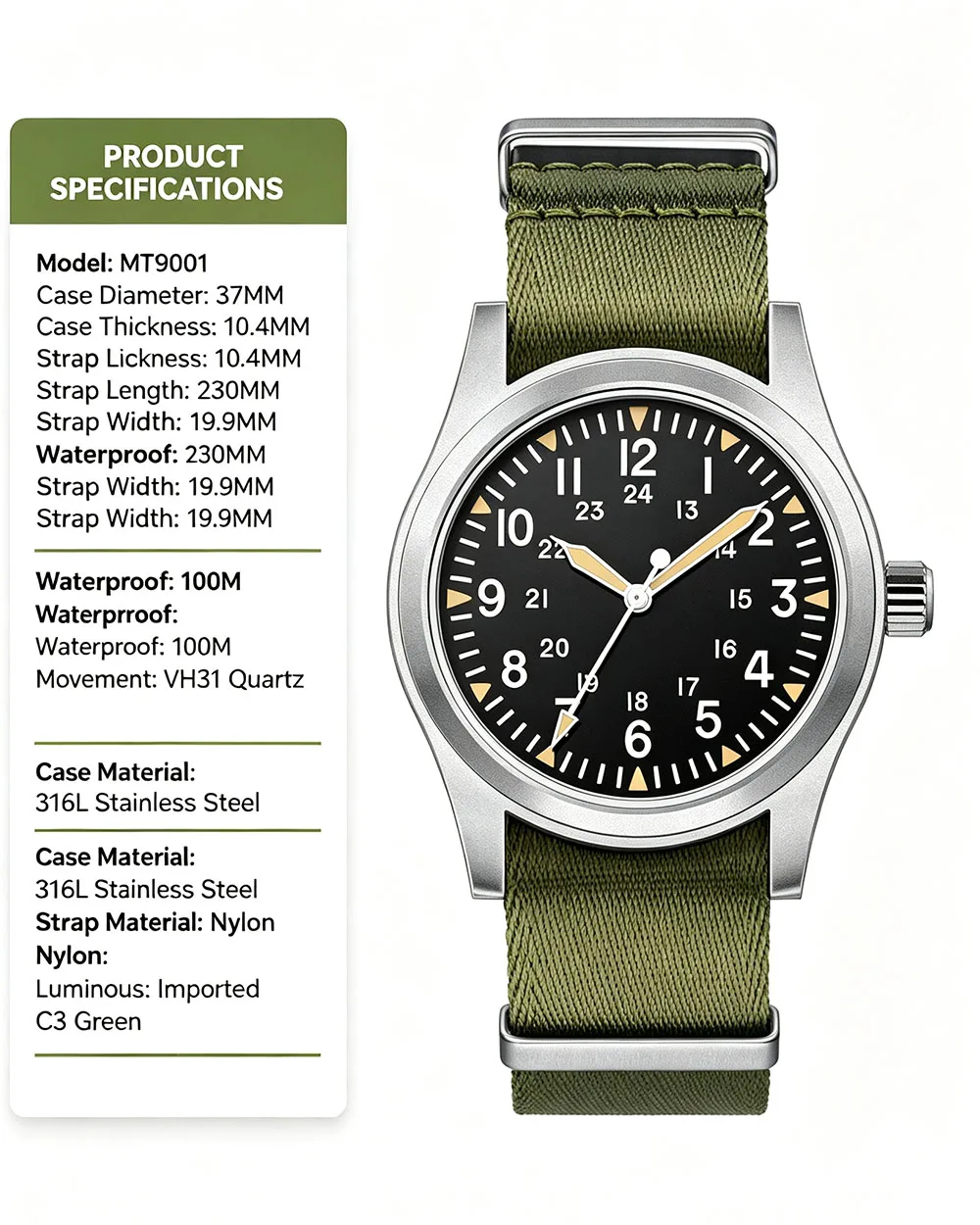 MILITREK 2025 New Military 37mm VH31 Men's Quartz Watch AR Sapphire Stainless Steel Waterproof 10Bar Luminous C3 Reloj Hombre