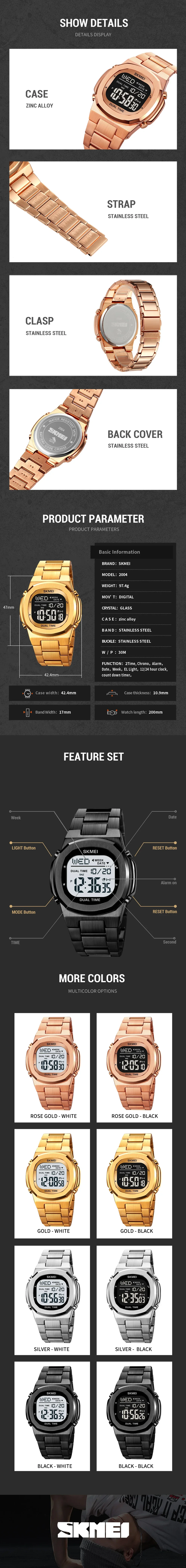 SKMEI 2004 Luxury Digital Watch for Men Sport Calendar Steel Waterproof Electronic Men Wristwatches Led Alarm Clock Reloj Hombre