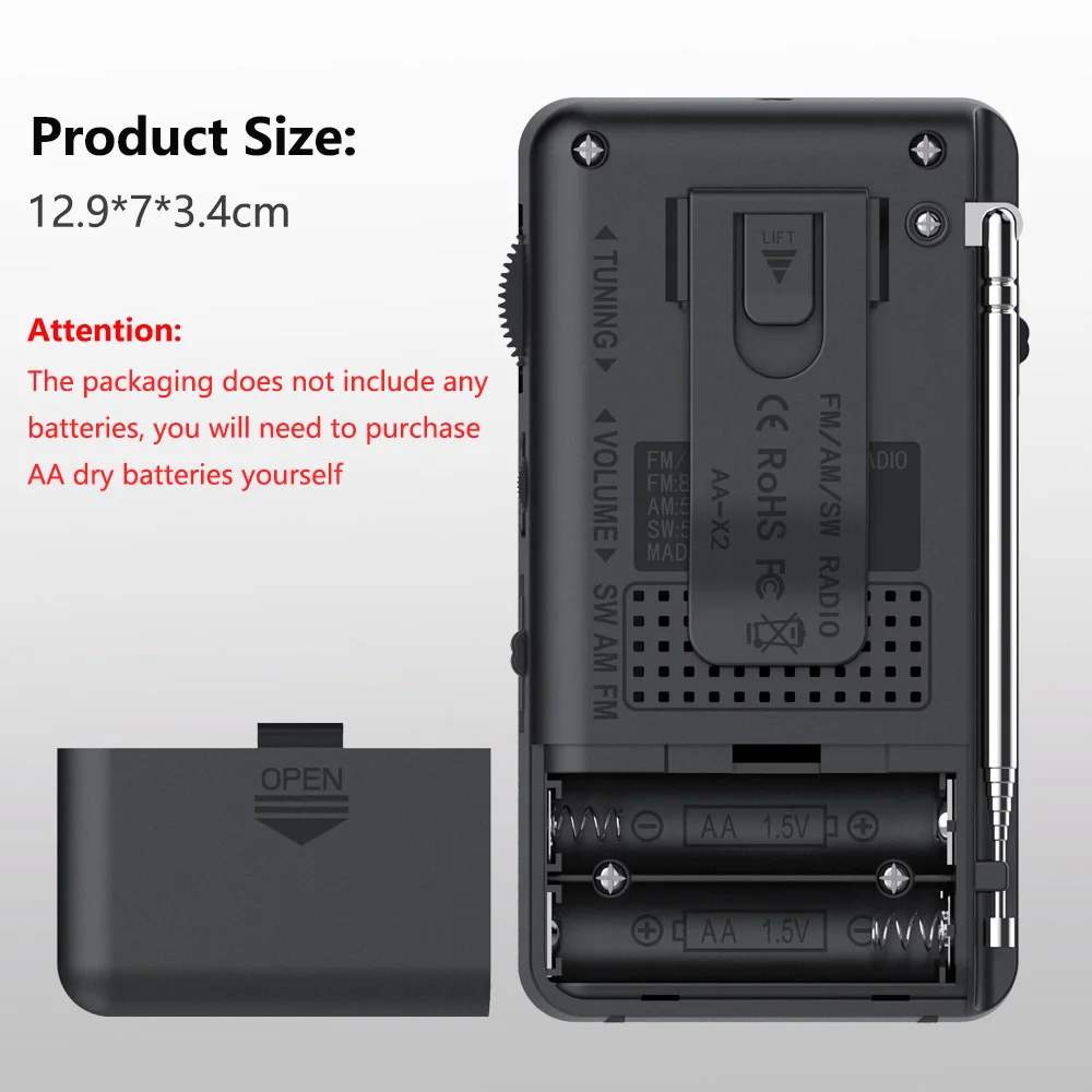 Portable FM/AM/SW Radio Battery FM Receiver Excellent Reception Clear Speaker With 3.5mm Headphone Jack LED Lighting For Elderly