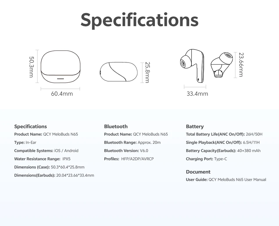 QCY HT21 Wireless Earphones Melobuds N65 -60dB AI Adaptive ANC Earbuds Bluetooth 6.0 LDAC Hi-Res Audio 8 Mics 50Hrs Headset