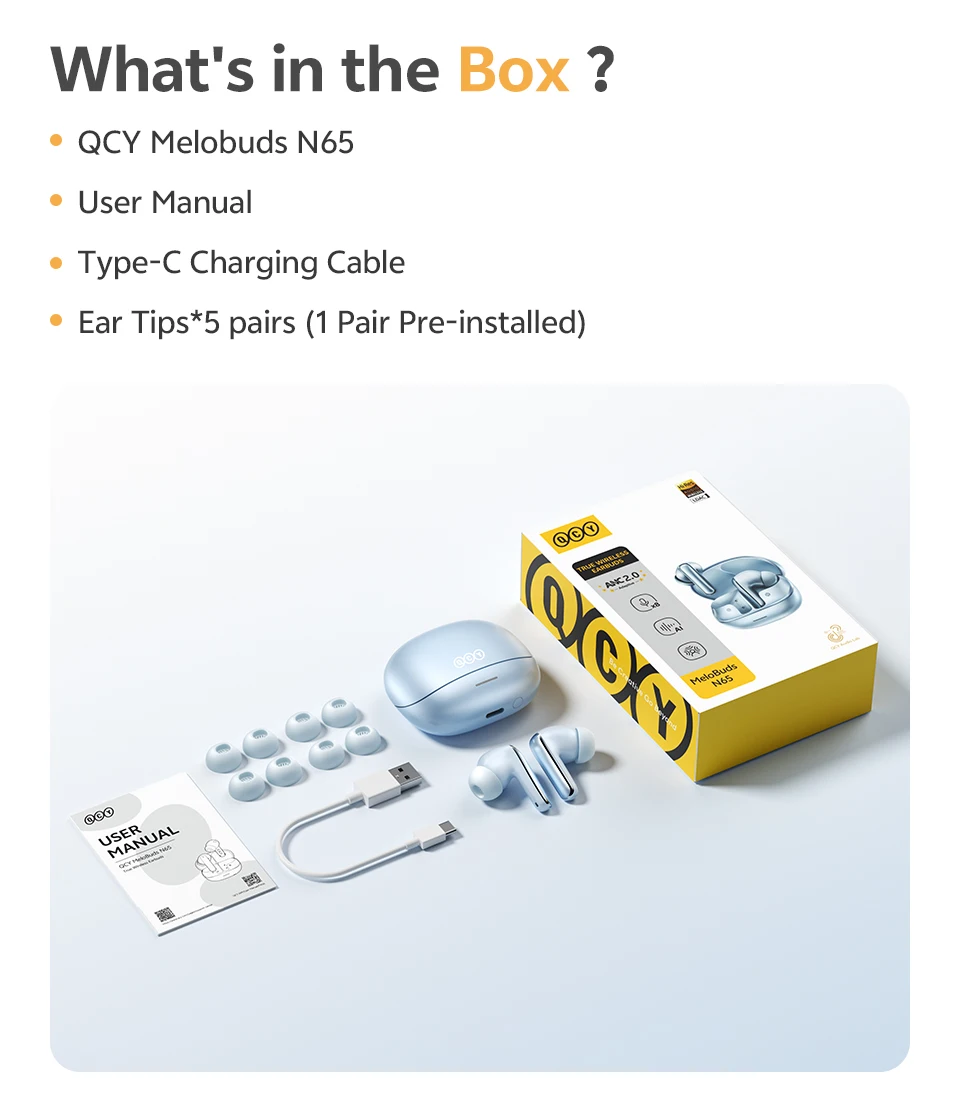 QCY HT21 Wireless Earphones Melobuds N65 -60dB AI Adaptive ANC Earbuds Bluetooth 6.0 LDAC Hi-Res Audio 8 Mics 50Hrs Headset