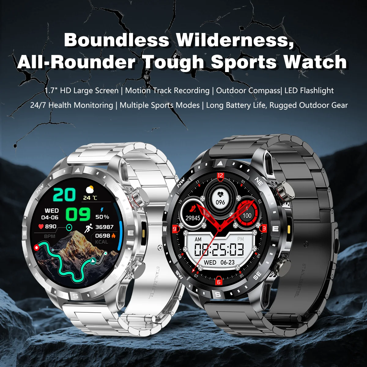 2026 New Military Grade GPS Smart Watch Dual-Band 1.7 AMOLED 10ATM Waterproof 1000mAh Large Battery Compass Altimeter Barometer