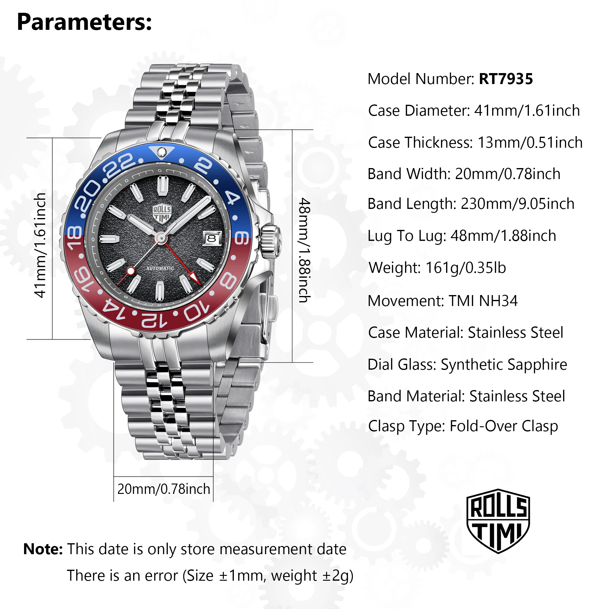 2026 RollsTimi New Men's Watches Luxury GMT Automatic Watch For Men Mechanical Wristwatch AR Sapphire Mirror Luminous Clock NH34