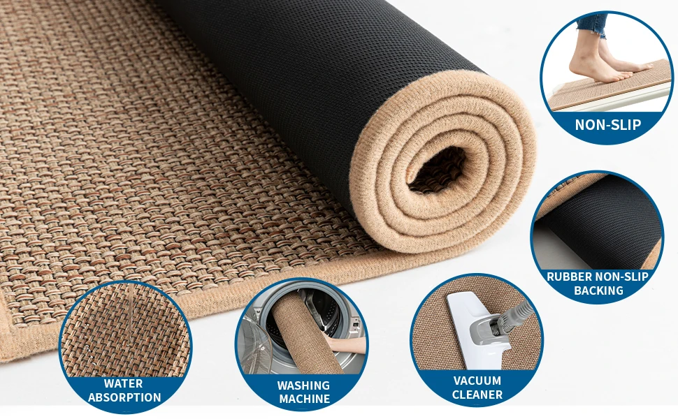 Washable Non-slip Kitchen Rug Faux Sisal Running Rug, Faux Woven Kitchen Mat Kitchen Runners With Back Made Of Natural Rubber