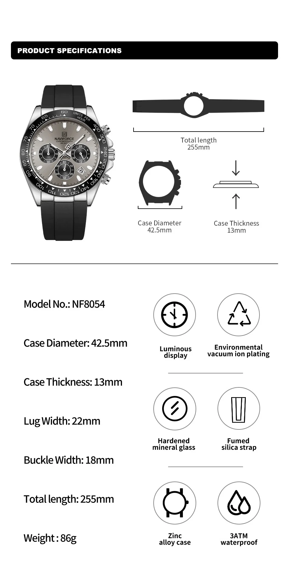 NAVIFORCE Casual Men's Watch Waterproof Sports Quartz Clock Silicone Strap Chronograph Luminous Wristwatches Relogio Masculino