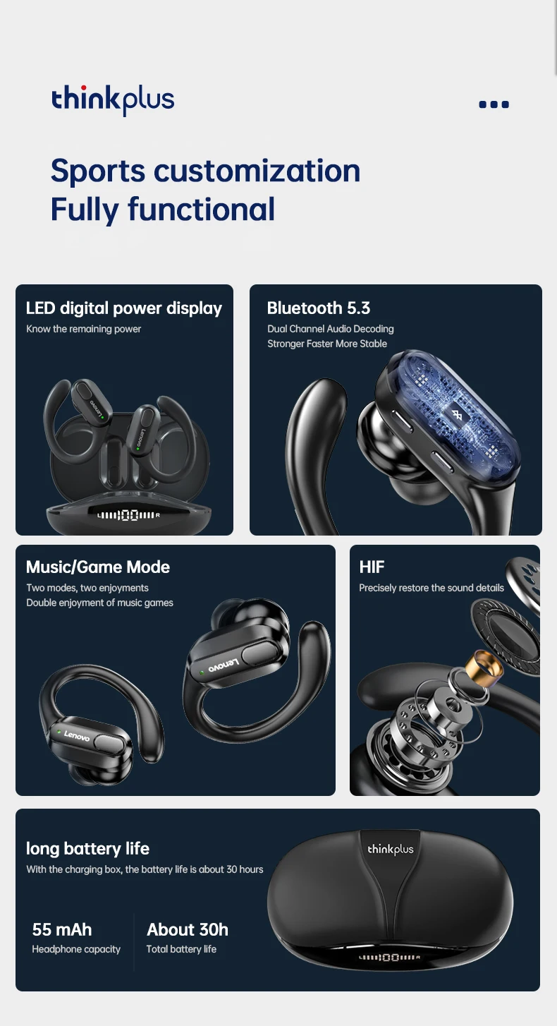 Original Lenovo XT80 Sports Wireless Earphones with Mics, LED Power Display,Hifi Stereo Sound Bluetooth 5.3 TWS HeadphHeadphones