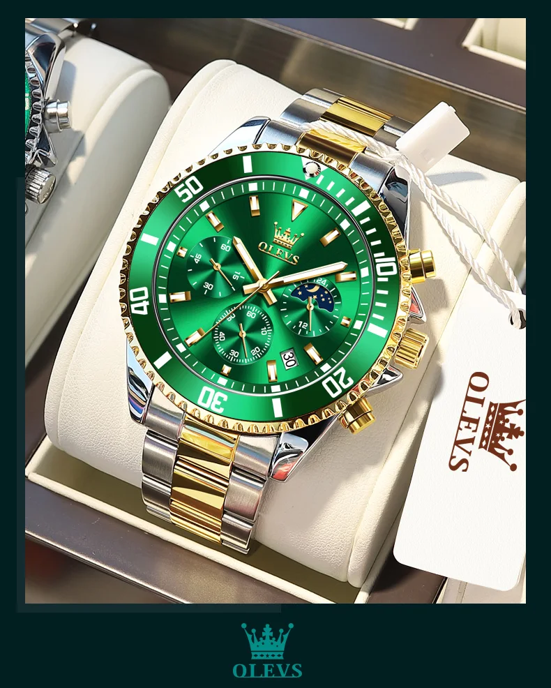 OLEVS 2870 Men's Watches Moon Phase Steel Calendar Chronograph Original Quartz Watch Big Rota Dial Luxury Sports Wristwatches
