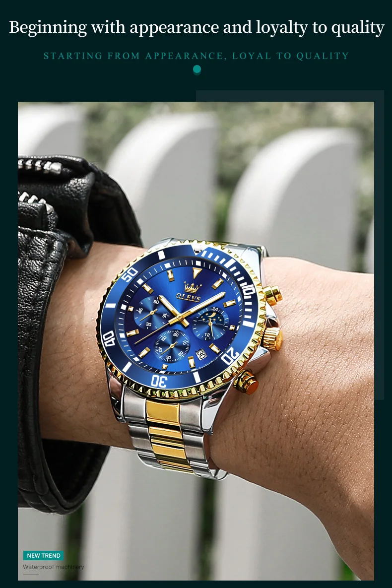 OLEVS 2870 Men's Watches Moon Phase Steel Calendar Chronograph Original Quartz Watch Big Rota Dial Luxury Sports Wristwatches
