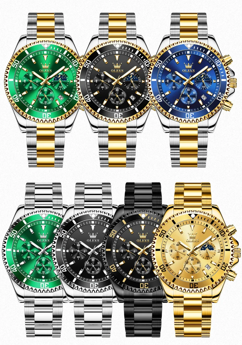 OLEVS 2870 Men's Watches Moon Phase Steel Calendar Chronograph Original Quartz Watch Big Rota Dial Luxury Sports Wristwatches