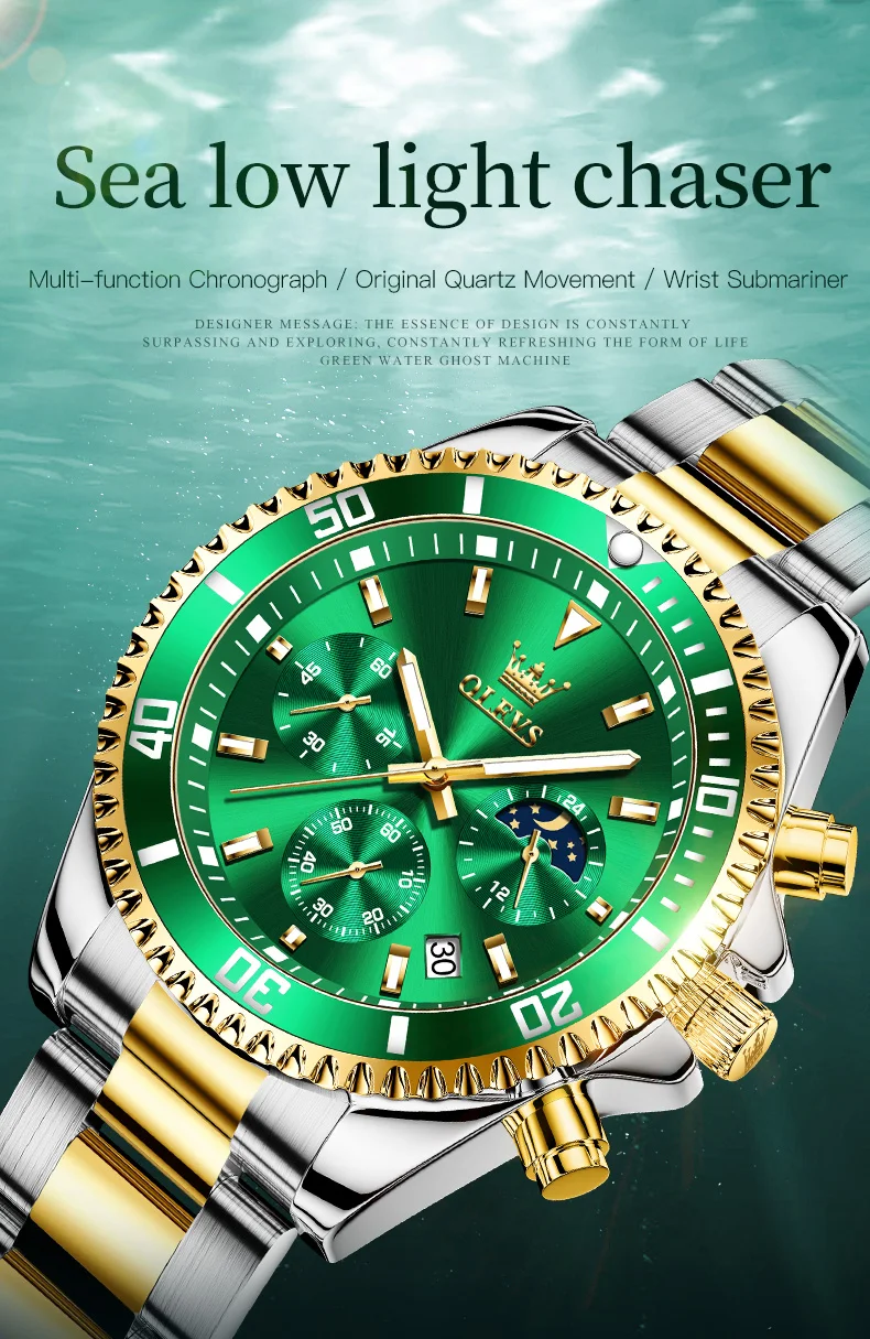 OLEVS 2870 Men's Watches Moon Phase Steel Calendar Chronograph Original Quartz Watch Big Rota Dial Luxury Sports Wristwatches