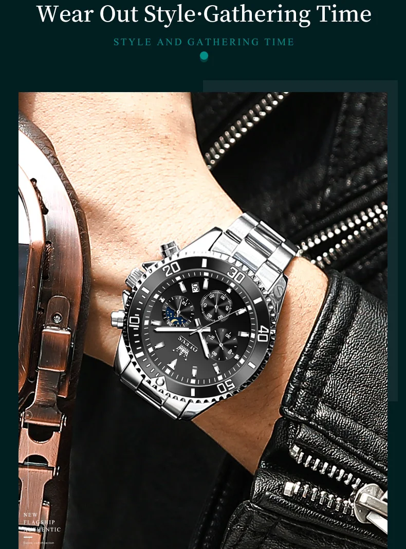 OLEVS 2870 Men's Watches Moon Phase Steel Calendar Chronograph Original Quartz Watch Big Rota Dial Luxury Sports Wristwatches