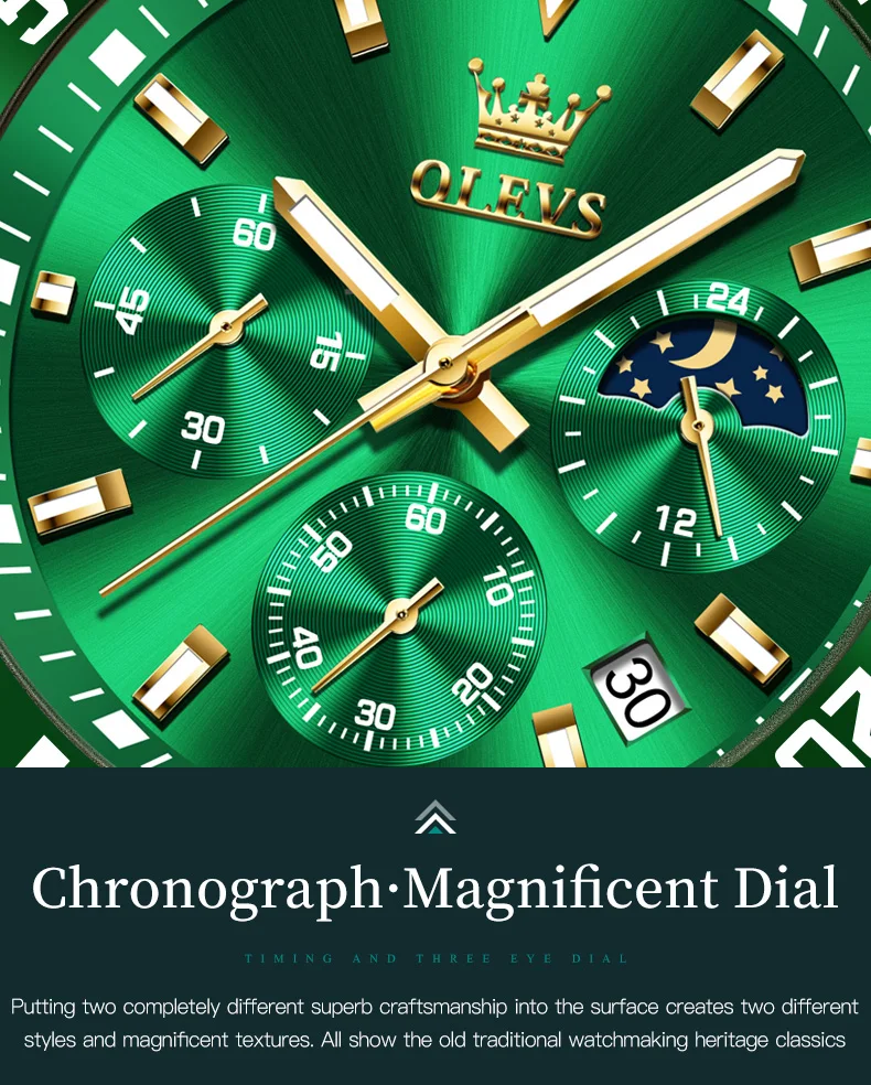 OLEVS 2870 Men's Watches Moon Phase Steel Calendar Chronograph Original Quartz Watch Big Rota Dial Luxury Sports Wristwatches