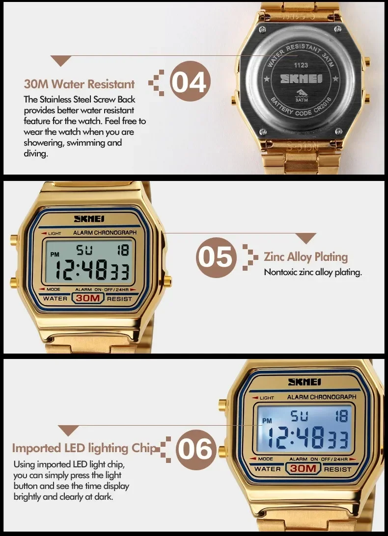 SKMEI 1123 Digital Sports Watch for Men Luxury Stainless Steel Electron Waterproof Mens Wristwatches Clock 1328 Reloj Hombre