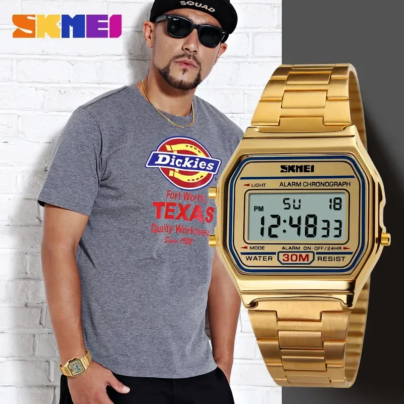 SKMEI 1123 Digital Sports Watch for Men Luxury Stainless Steel Electron Waterproof Mens Wristwatches Clock 1328 Reloj Hombre