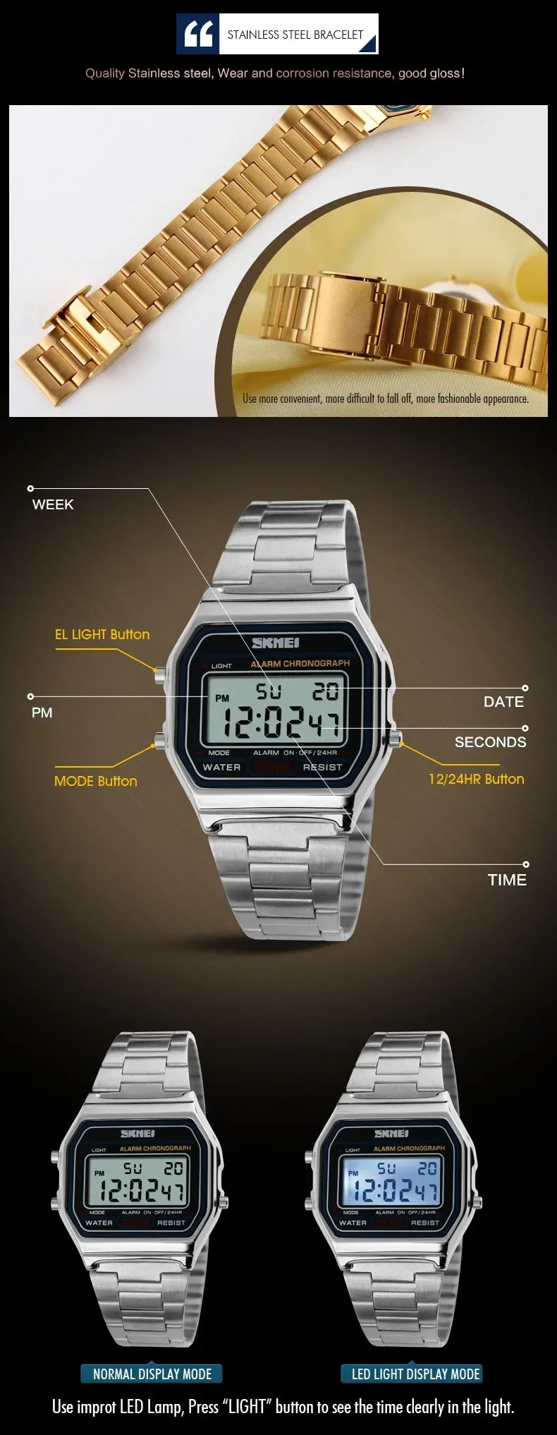 SKMEI 1123 Digital Sports Watch for Men Luxury Stainless Steel Electron Waterproof Mens Wristwatches Clock 1328 Reloj Hombre