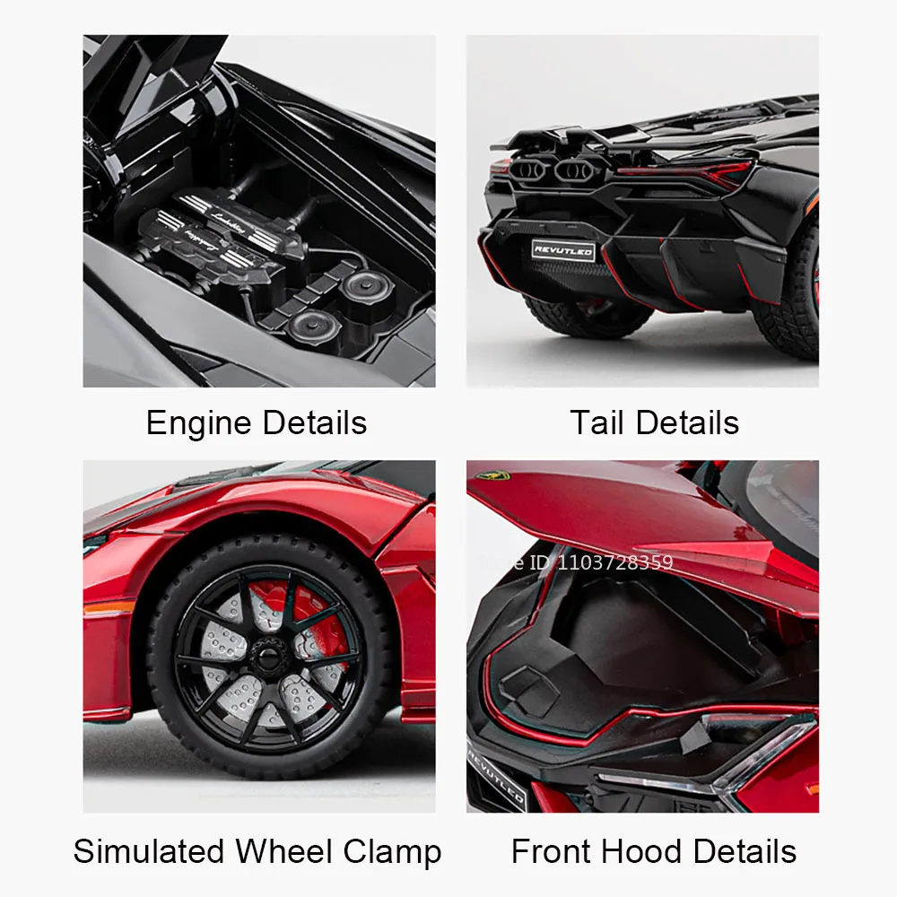 1:24 Scale REVUELTO Miniature Model Toy Sports Cars Alloy Diecast Supercars Sound Light Doors Opened Pull Back for Kids Gifts