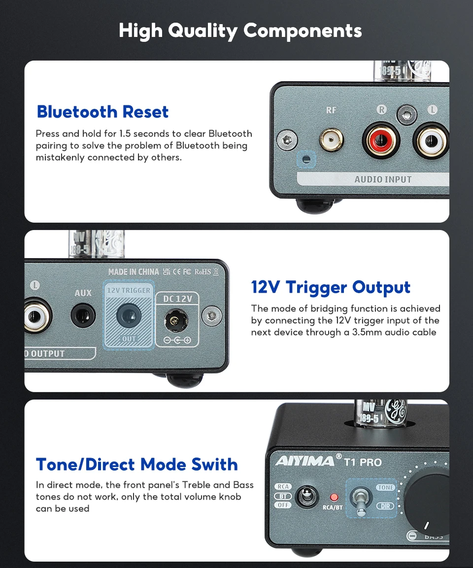 AIYIMA T1 PRO Vacuum Tube Preamplifier Amplifiers Home Audio RCA Bluetooth Input Bass Treble Control HiFi Stereo AUX 12V Trigger