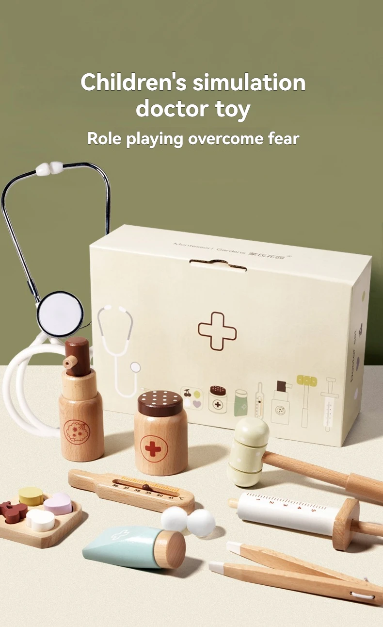 Children Playing House Simulation, Doctors, Nurses, Stethoscopes, Medical Kits, Syringes, Toy Sets, Wooden Boys and Girls