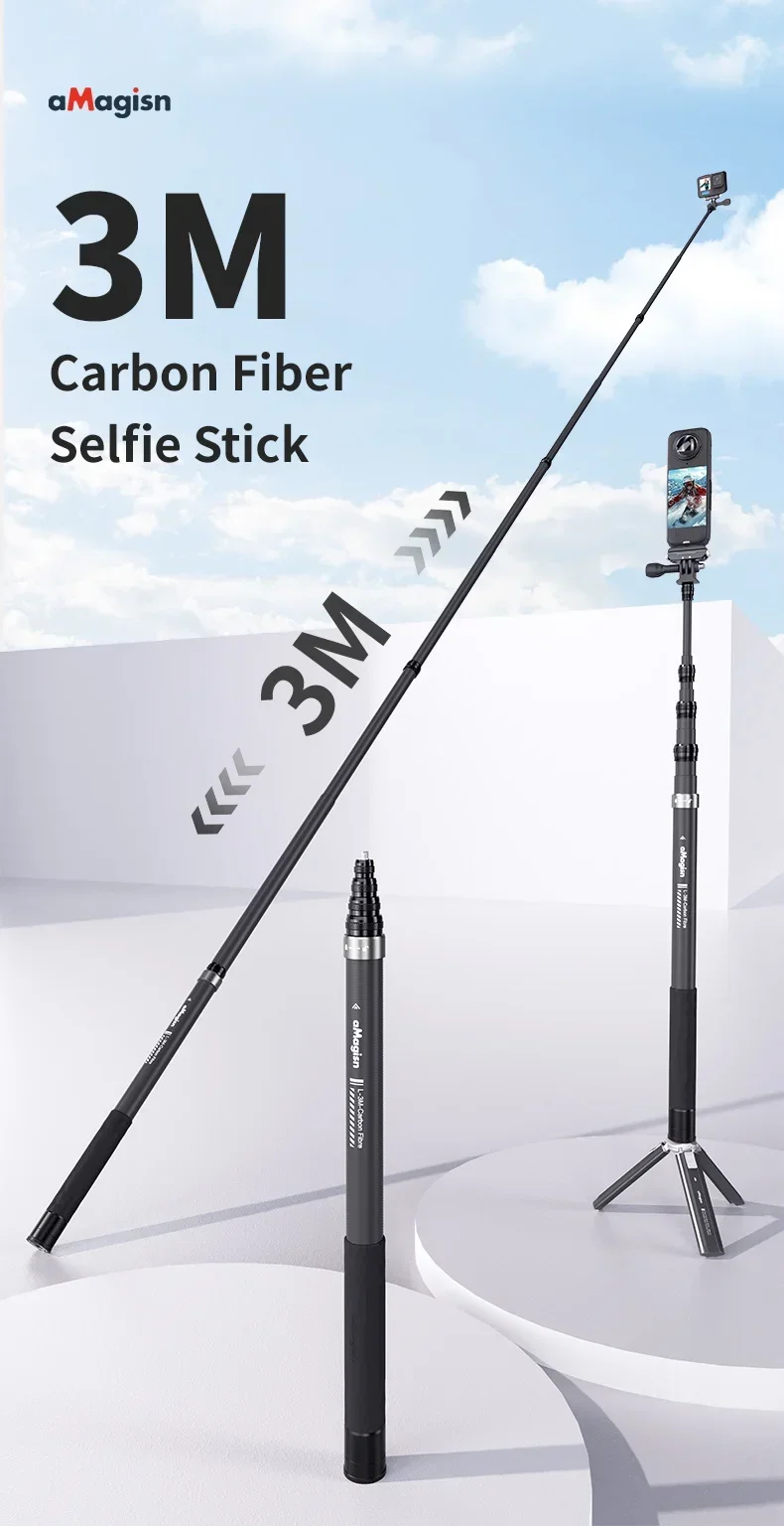 aMagisn 1.2M/3M Invisible Selfie Stick Freely Retractable Carbon Fiber Extended For Gopro Max / Insta360 X3 X4 X5 Accessories