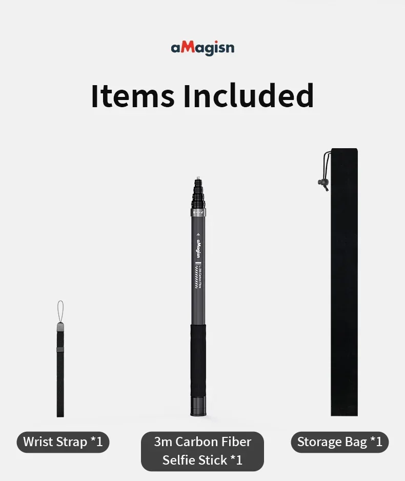 aMagisn 1.2M/3M Invisible Selfie Stick Freely Retractable Carbon Fiber Extended For Gopro Max / Insta360 X3 X4 X5 Accessories