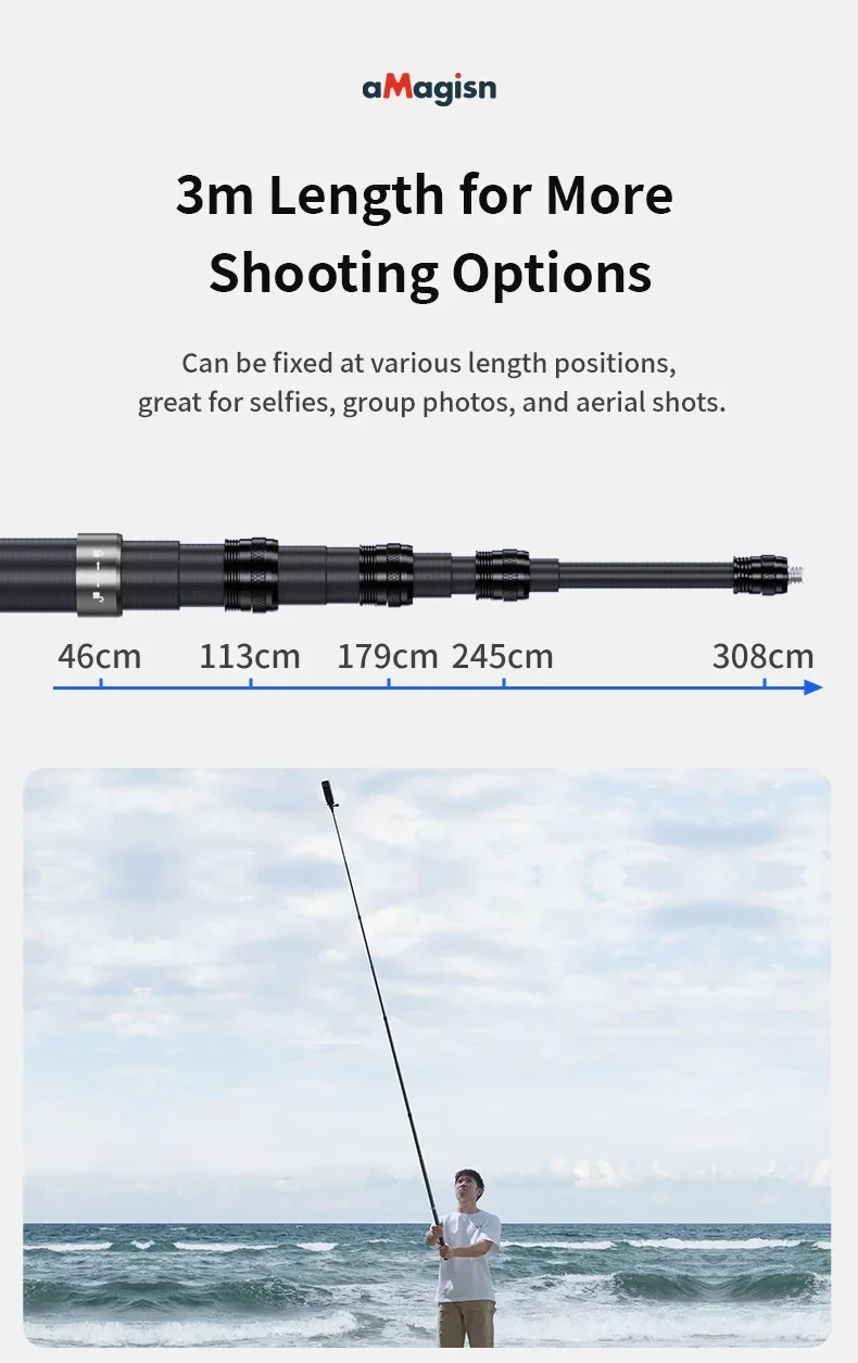 aMagisn 1.2M/3M Invisible Selfie Stick Freely Retractable Carbon Fiber Extended For Gopro Max / Insta360 X3 X4 X5 Accessories