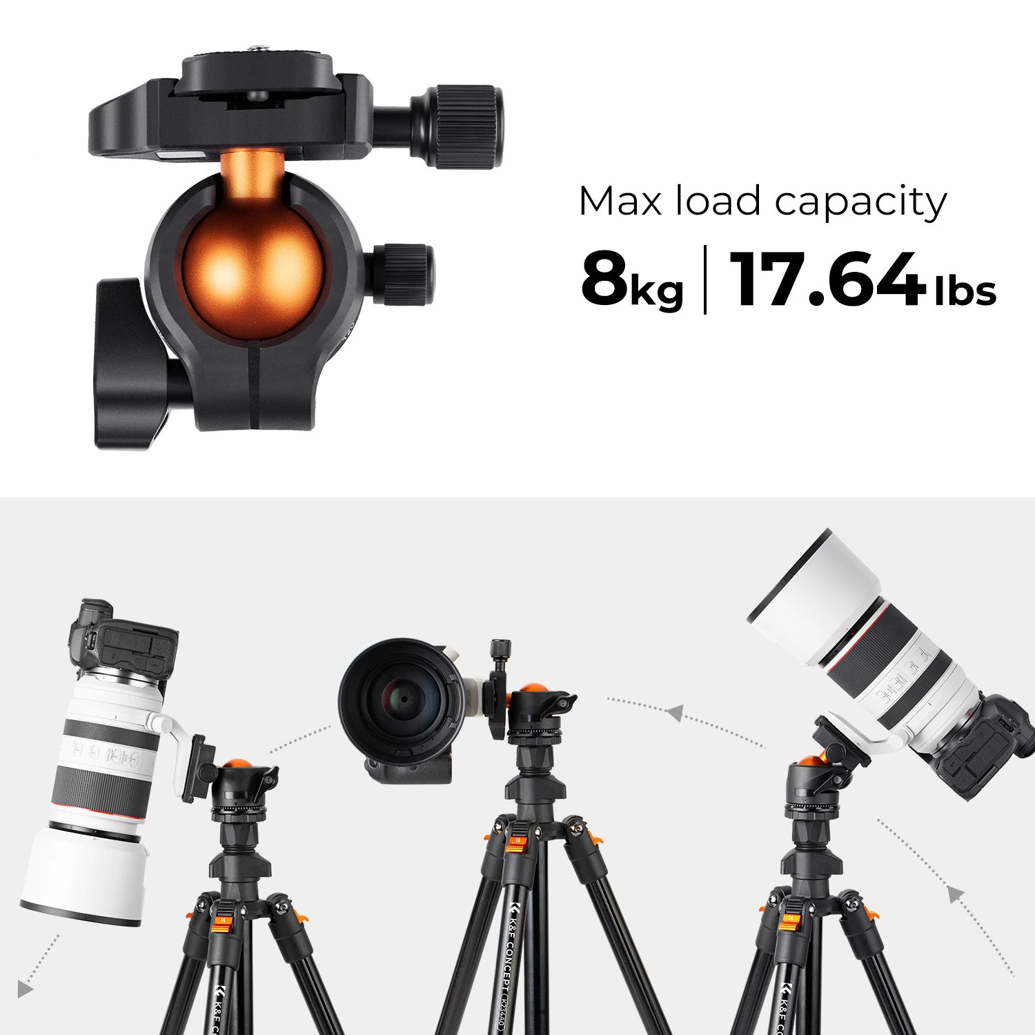 K&F CONCEPT 64 inch Camera Tripod with Ball Head for Cellphone Live Vlog 8kg Load K234A0+BH-28L Lightweight Outdoor DSLR Tripods