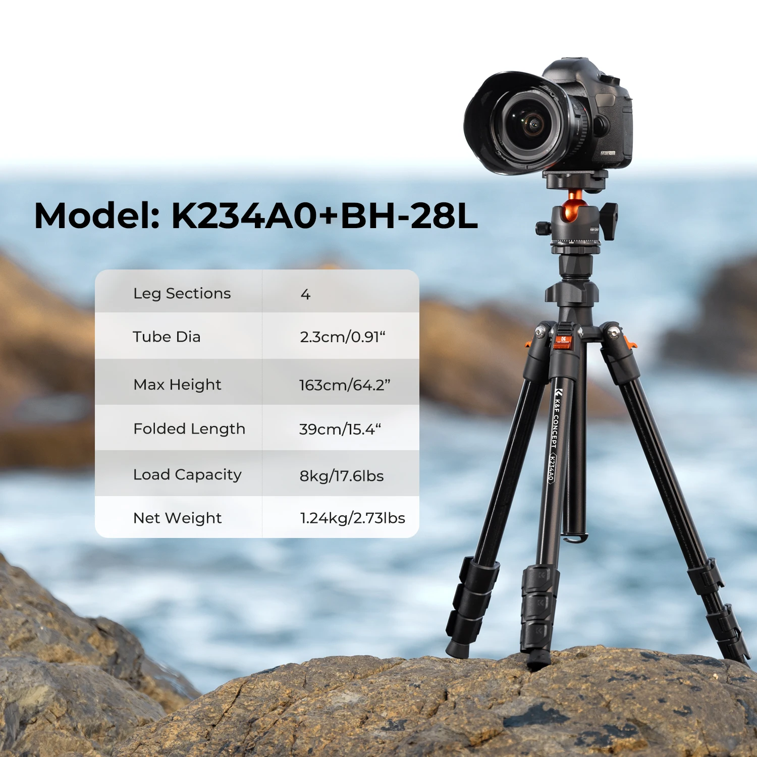K&F CONCEPT 64 inch Camera Tripod with Ball Head for Cellphone Live Vlog 8kg Load K234A0+BH-28L Lightweight Outdoor DSLR Tripods