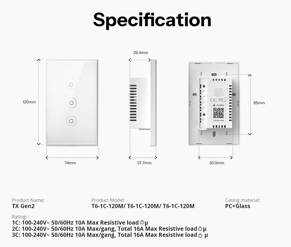 SONOFF TX Gen2 US Smart Touch Wall Switch T6 120 Matter Detach Relay Adjustable Night Switch Locator Apple Ecosystem Compatible