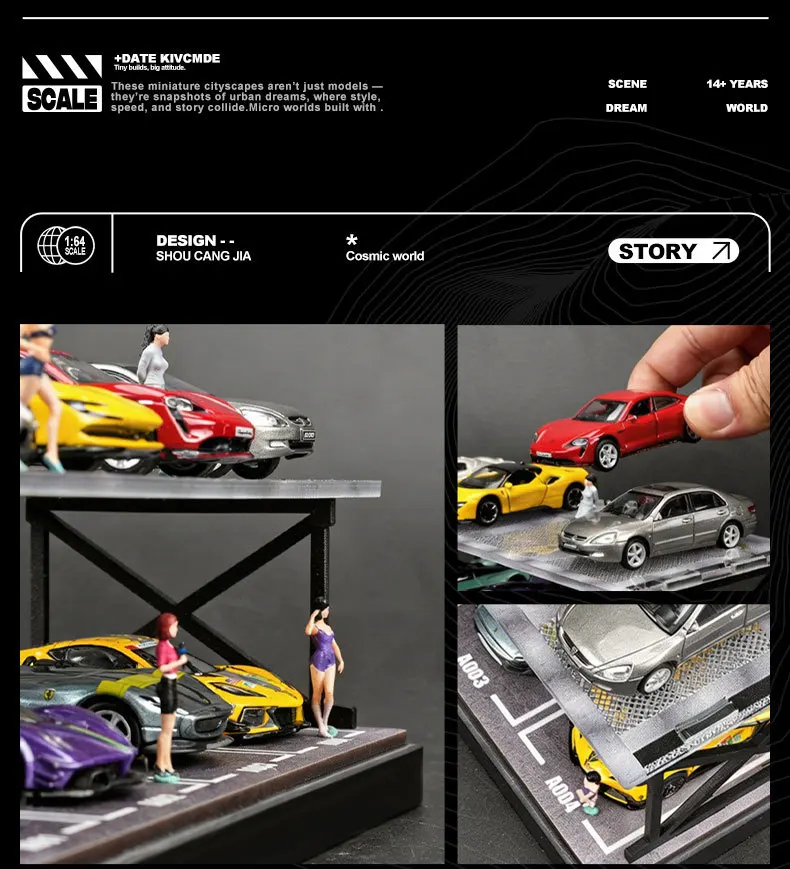 Collector 1:64 Scale Two-Story Parking Garage Diorama – Snap-Fit Assembly with Dust-Proof Cover & LED Lights, Storage Display