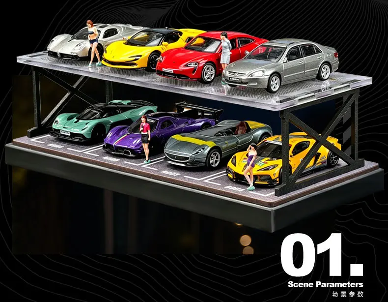 Collector 1:64 Scale Two-Story Parking Garage Diorama – Snap-Fit Assembly with Dust-Proof Cover & LED Lights, Storage Display