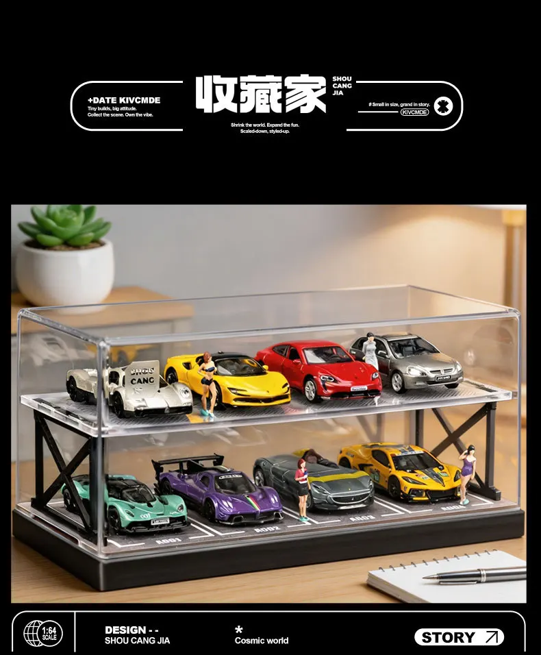Collector 1:64 Scale Two-Story Parking Garage Diorama – Snap-Fit Assembly with Dust-Proof Cover & LED Lights, Storage Display