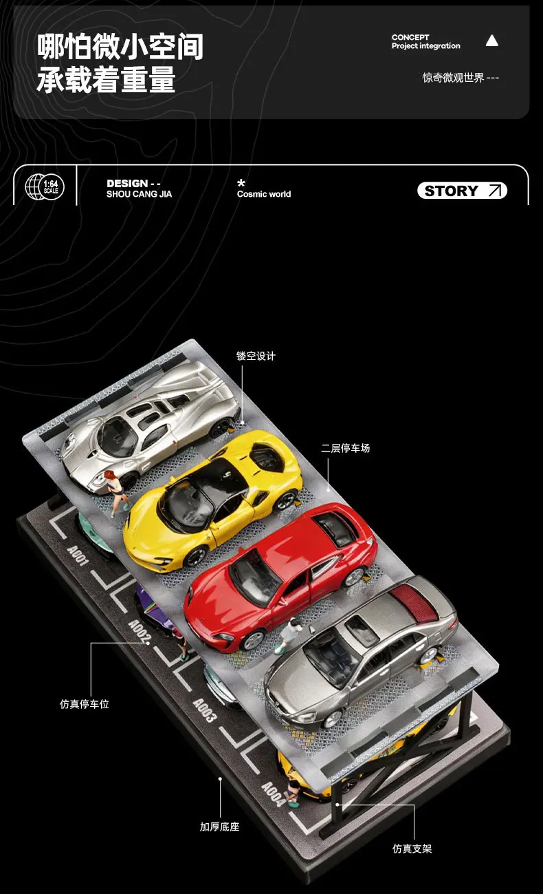 Collector 1:64 Scale Two-Story Parking Garage Diorama – Snap-Fit Assembly with Dust-Proof Cover & LED Lights, Storage Display
