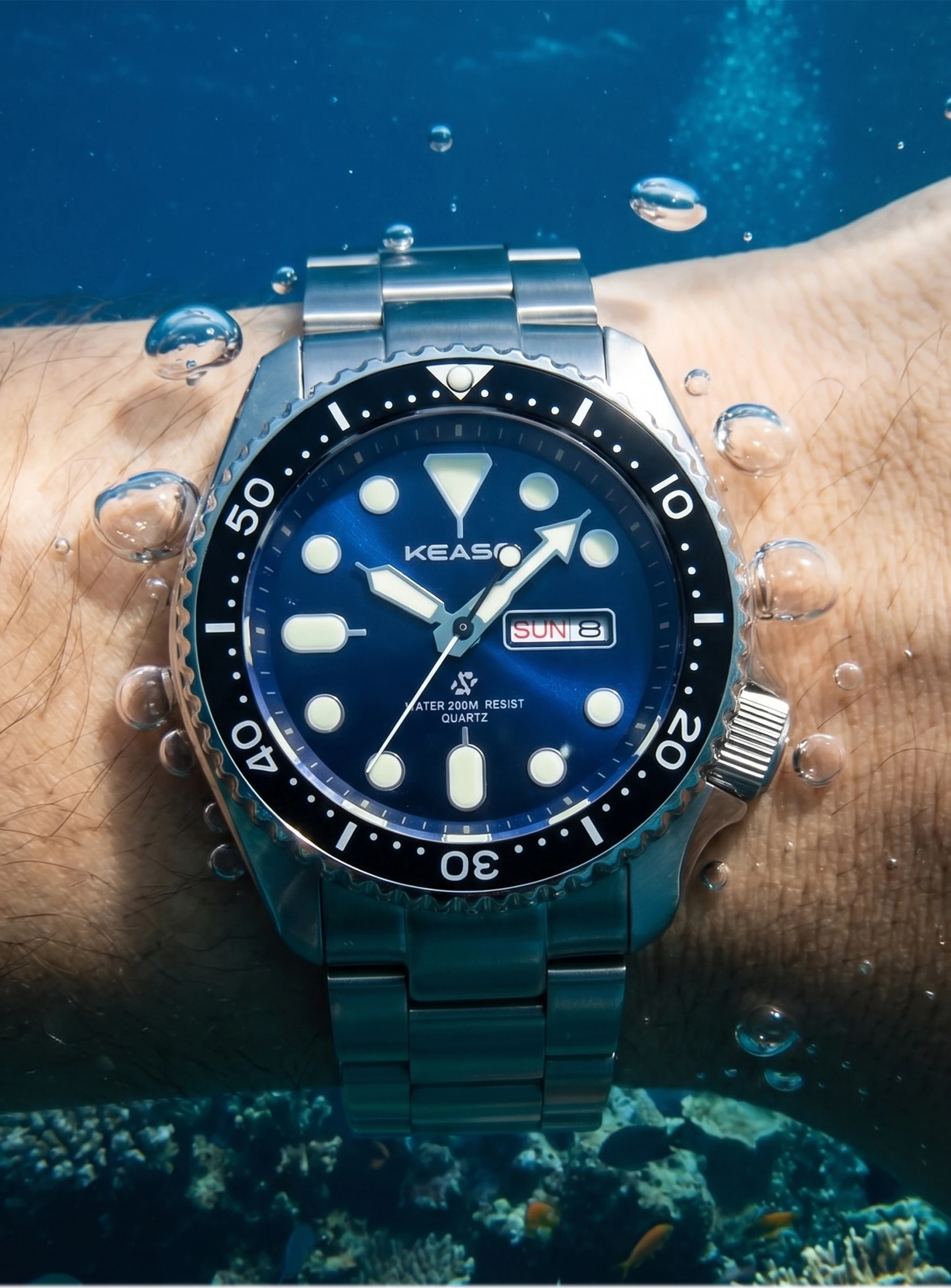 KEASO Top Mens Dive Watch MIYOTA 2035 Quartz Movement C3 Super Luminous Sports 316L Solid Steel 200M Waterproof Sapphire Watch