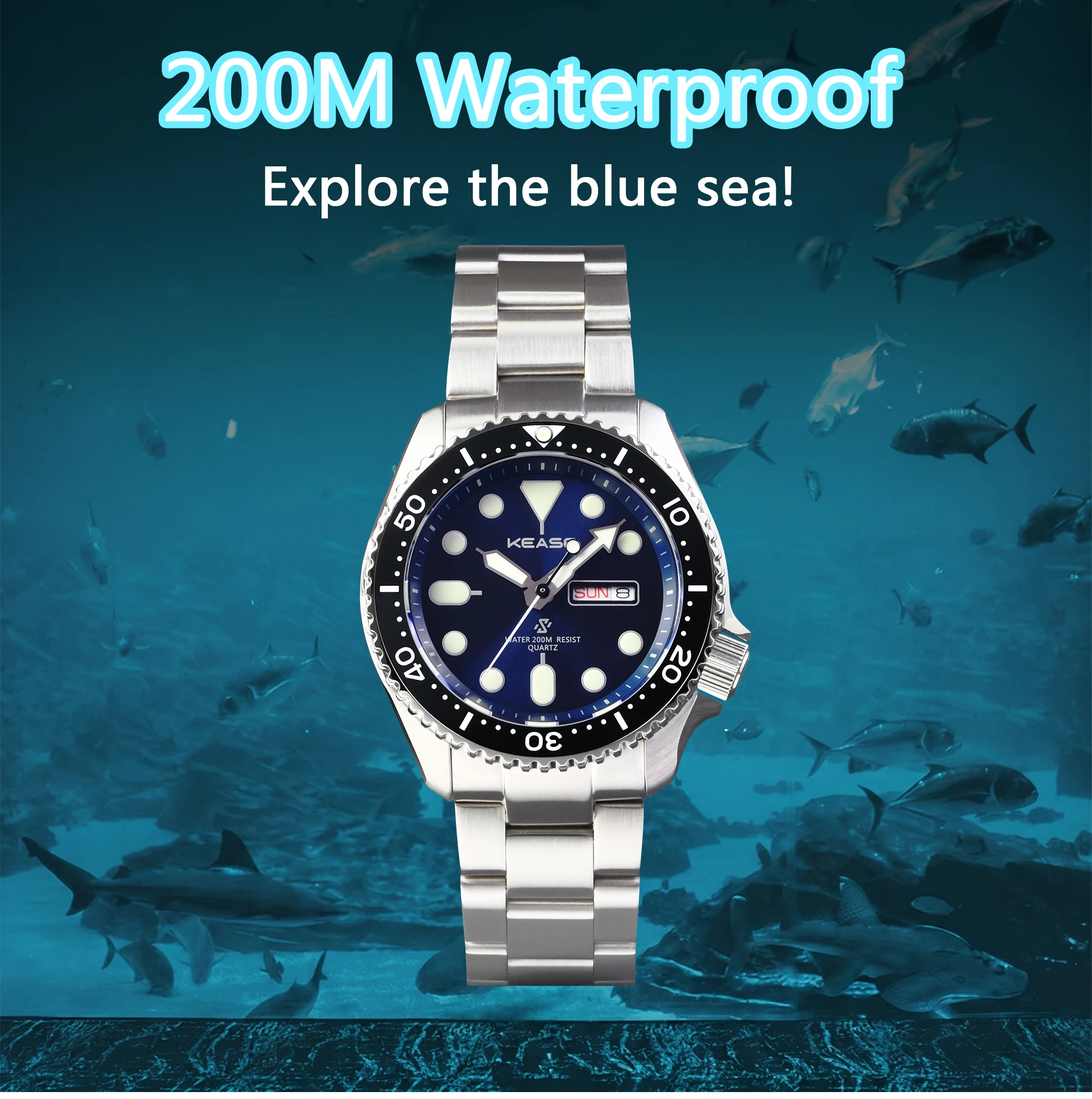 KEASO Top Mens Dive Watch MIYOTA 2035 Quartz Movement C3 Super Luminous Sports 316L Solid Steel 200M Waterproof Sapphire Watch