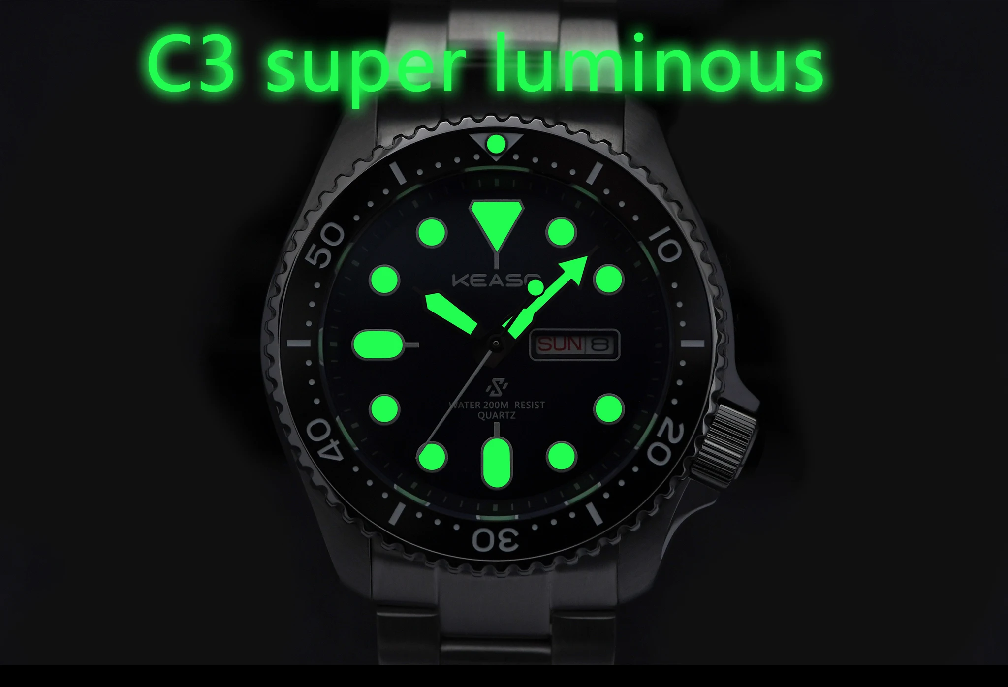 KEASO Top Mens Dive Watch MIYOTA 2035 Quartz Movement C3 Super Luminous Sports 316L Solid Steel 200M Waterproof Sapphire Watch