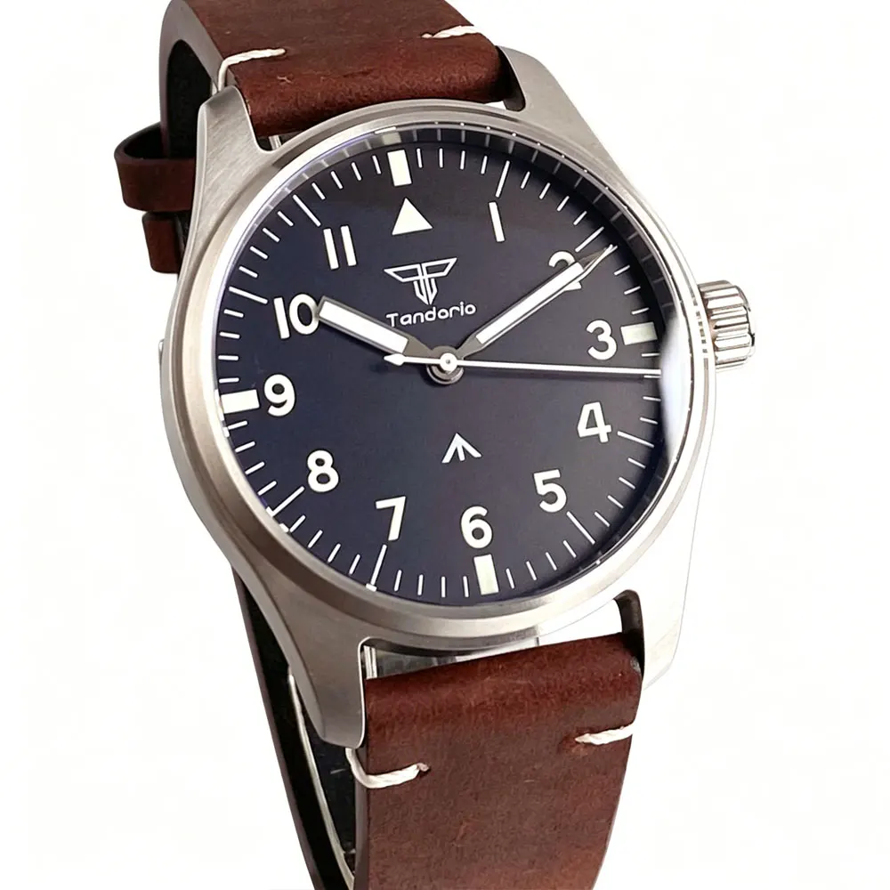 Tandorio 39mm Pilot Stainless Steel Quartz Watch Sapphire Glass 200M Waterproof VH31 Sweep Seconds Movement Lume Men Retro Watch
