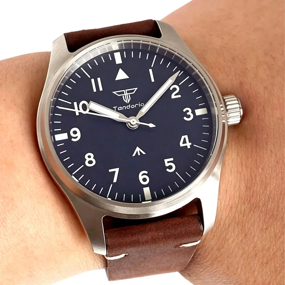 Tandorio 39mm Pilot Stainless Steel Quartz Watch Sapphire Glass 200M Waterproof VH31 Sweep Seconds Movement Lume Men Retro Watch