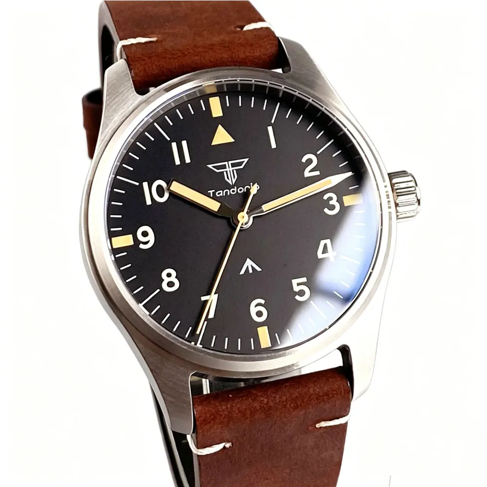 Tandorio 39mm Pilot Stainless Steel Quartz Watch Sapphire Glass 200M Waterproof VH31 Sweep Seconds Movement Lume Men Retro Watch