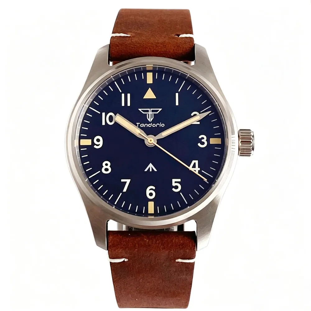Tandorio 39mm Pilot Stainless Steel Quartz Watch Sapphire Glass 200M Waterproof VH31 Sweep Seconds Movement Lume Men Retro Watch