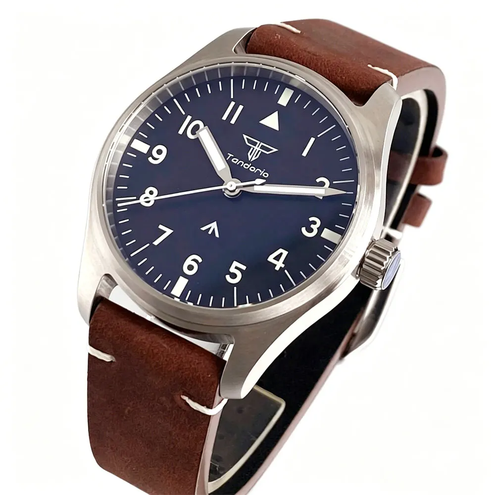 Tandorio 39mm Pilot Stainless Steel Quartz Watch Sapphire Glass 200M Waterproof VH31 Sweep Seconds Movement Lume Men Retro Watch