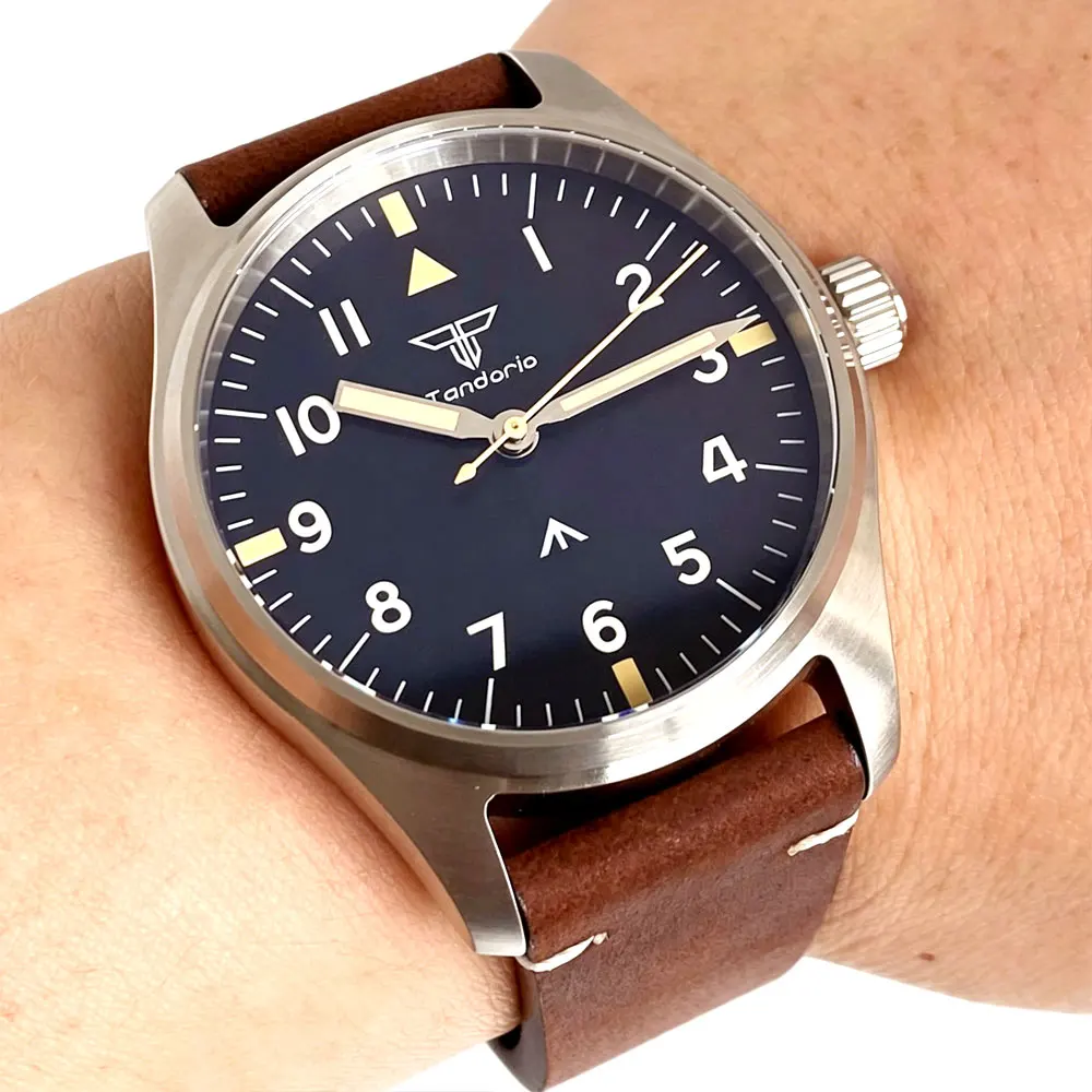 Tandorio 39mm Pilot Stainless Steel Quartz Watch Sapphire Glass 200M Waterproof VH31 Sweep Seconds Movement Lume Men Retro Watch