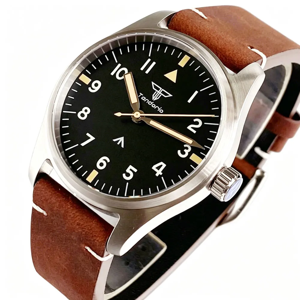 Tandorio 39mm Pilot Stainless Steel Quartz Watch Sapphire Glass 200M Waterproof VH31 Sweep Seconds Movement Lume Men Retro Watch